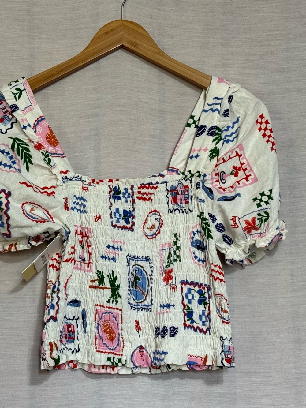 Monteau Linen Blend Smocked Puff Sleeve Top L NWT